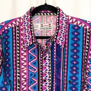VTG H Bar C California Ranchwear Snaps Shirt Aztec Long Sleeve USA Made 17 35 XL